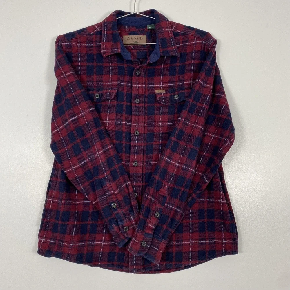 Orvis Shirt Mens Medium Red Navy Plaid Flannel Button Front Side Pockets Outdoor